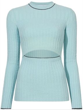Proenza Schouler Cut Out Fine Boucle Long Sleeve Crew Sweater Top In Blue Size S
